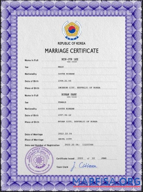 Printable South Korea marriage certificate PSD template